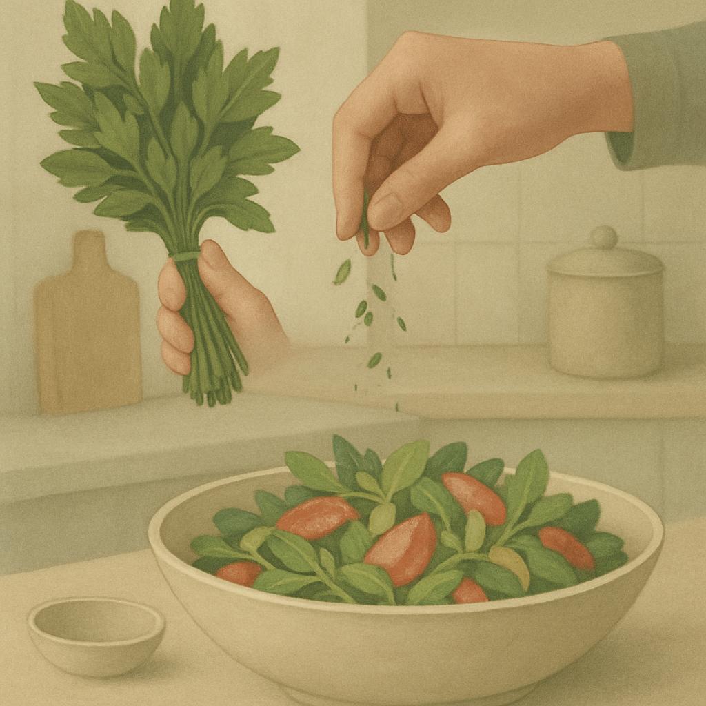 A drawing of hands seasoning a salad in a kitchen.