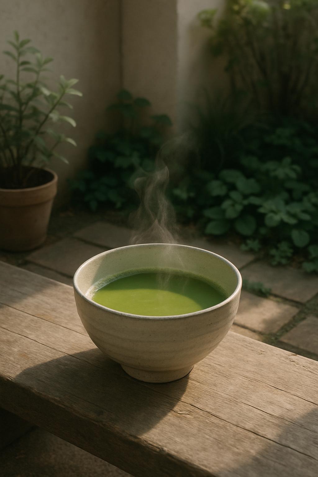 A steaming cup of green tea in a white bowl on a wooden table, with a potted plant in the background.