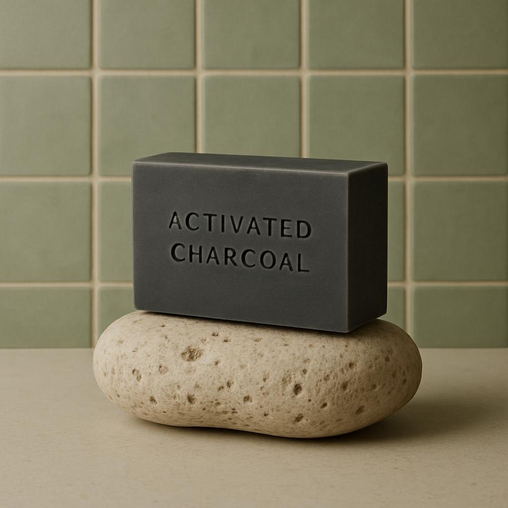 The photograph depicts a bar of black soap resting on a beige stone. The soap is rectangular in shape and engraved with th...