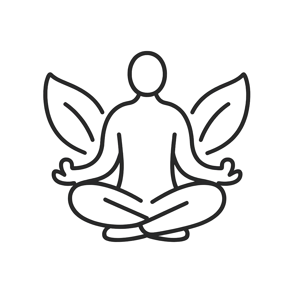 A simple line drawing of a person in a meditative pose, with lotus position legs and outstretched arms, in a seated position.